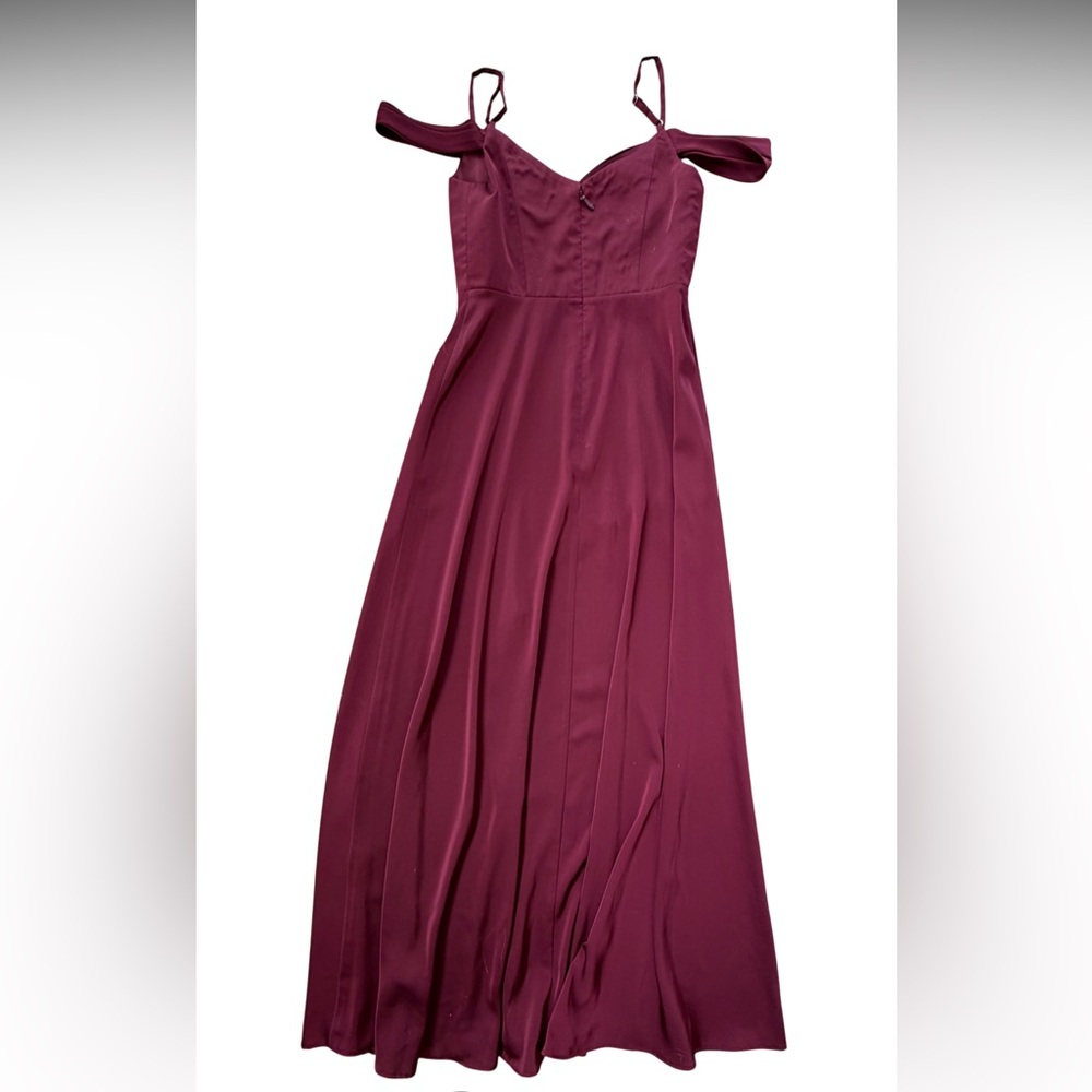 Azazie Burgundy Off-Shoulder Satin Maxi Dress with Slit - Picture 6 of 11